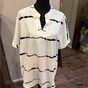 Women’s White Short-Sleeve V-Notch Blouse with Black Stripe Print